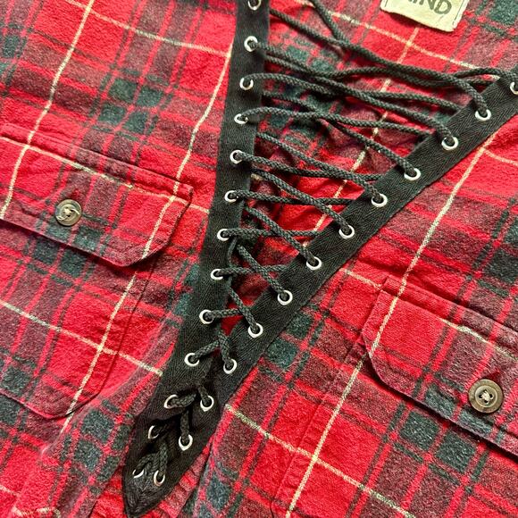 Furst of a Kind Women's L/S Red & Black Plaid Flannel Lace Up V Nack Crop Top - Picture 5 of 8